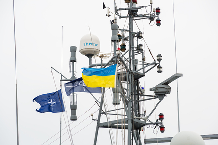 Ukraine, Odesa - March, 18, 2017: In Odessa port military ships were moored from junction of the second permanent naval mine-clearing group of NATO. The staff Polish ship 511 Kontradmiral X.Czernickiのeditorial素材
