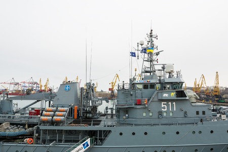 Ukraine, Odesa - March, 18, 2017: In Odessa port military ships were moored from junction of the second permanent naval mine-clearing group of NATO. The staff Polish ship 511 Kontradmiral X.Czernickiのeditorial素材