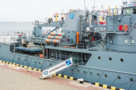 Ukraine, Odesa - March, 18, 2017: In Odessa port military ships were moored from junction of the second permanent naval mine-clearing group of NATO. The staff Polish ship 511 Kontradmiral X.Czernickiのeditorial素材
