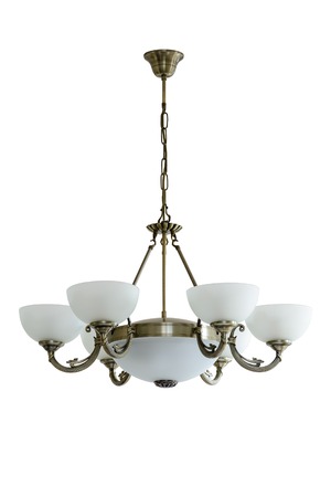 Vintage chandelier with white glass shades. Isolated, white background.の写真素材