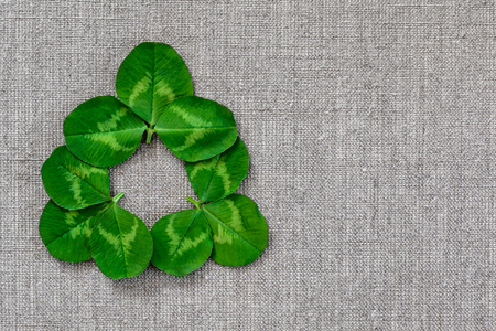 Green leaves of clover on the background of linen cloth.の写真素材