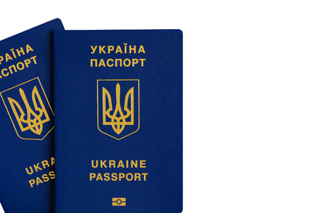 Ukrainian foreign biometric passport for the liberalization of the visa regime. Isolated, white 

background.の写真素材
