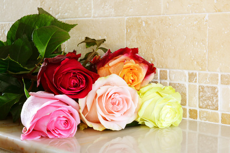 Bouquet of flowers from multi-colored roses. Five different-colored roses.の写真素材