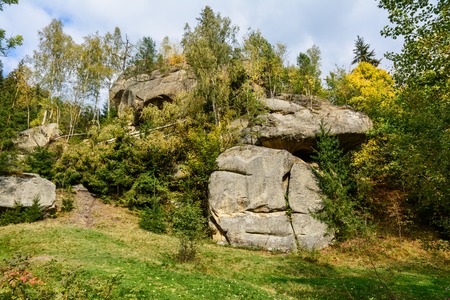 Rock complex Ternoshor sanctuary in Snidavka. Carpathian Mountains, Ivano-Frankivska oblast, Ukraine.の写真素材