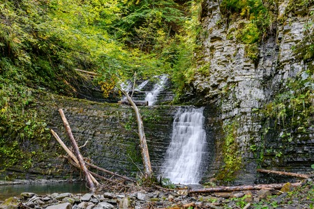 Zamlakskyi waterfall in Maniava. Carpathian Mountains, Ivano-Frankivska oblast, Ukraine.の写真素材