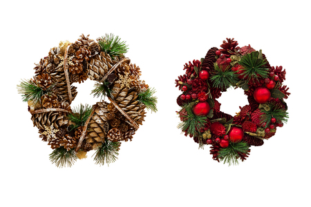 Christmas wreath of cones and apples, New Year's decorations. Isolated, white background.の写真素材