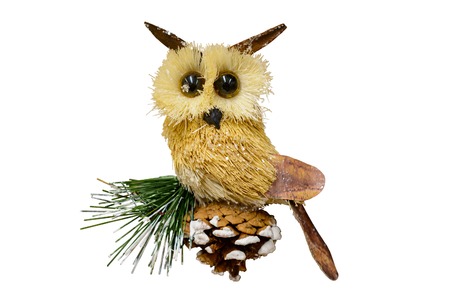 Christmas and New Year decorations: figurines of toy owl. Isolated, white background.の写真素材