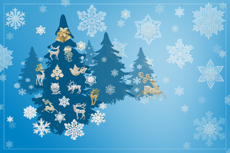 Christmas and New Year decorations: Christmassy fir-tree with snowflakes on blue background.の写真素材