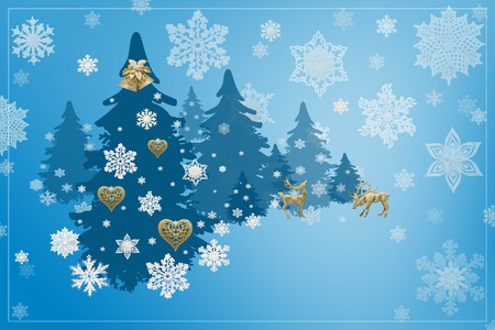 Christmas and New Year decorations: Christmassy fir-tree with snowflakes on blue background.の写真素材