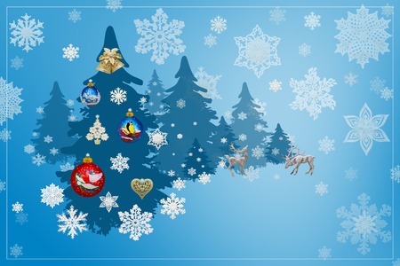 Christmas and New Year decorations: Christmassy fir-tree with snowflakes on blue background.の写真素材