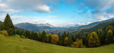 Mountain landscape, autumn sunny morning. Carpathian Mountains, Mizhhiria, Ukraine.の写真素材