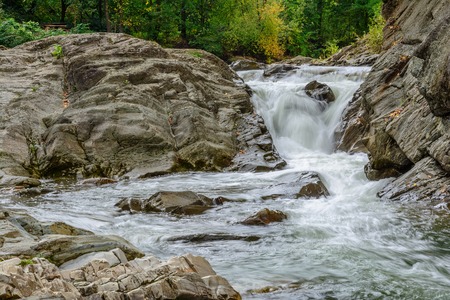Malyi Huk Sheshorskyi waterfall in Sheshory, Carpathian mountains, Ivano-Frankivska oblast, Ukraine. Silvery waterfalls on the Pistynka River.の写真素材