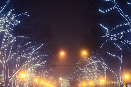 Odesa, Ukraine  - January, 7, 2018: Christmas and New Year decor in Odesa on Deribasovskaya street. Tree with garland of glowing lights in night city. City landscape in the fog.のeditorial素材