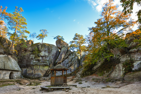 Dovbush rocks, group of rocks, natural and man-made caves carved into stone in 

the forest, named after the leader of the opryshky movement Oleksa Dovbush.の写真素材