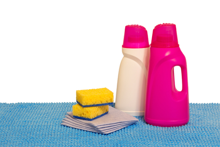 Multi-colored plastic containers for household chemicals, cleaning products for home use. Isolated, white background.の写真素材
