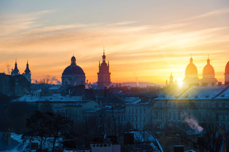 Morning Lviv, sunrise. View of the central part of city and churches:  St. Michael's Ukrainian...