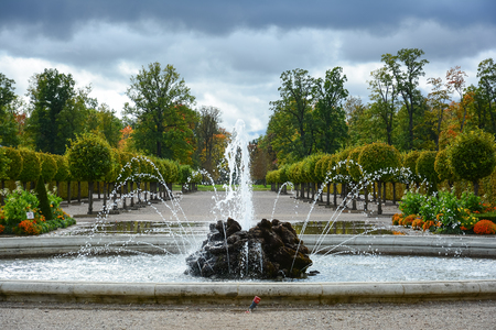 Ornamental garden with fountain near the castle, landscape architecture. Rundale Palace in  Latvia.のeditorial素材