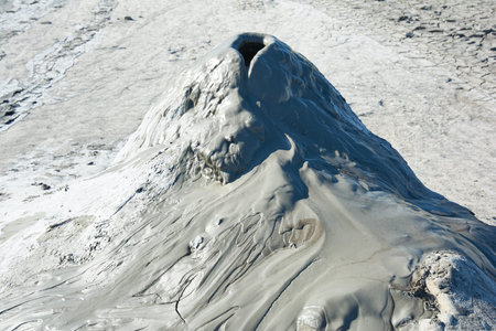 Muddy volcanoes Paclele Mari near Buzau, Romania. Mud and natural-gas eruptions create small...