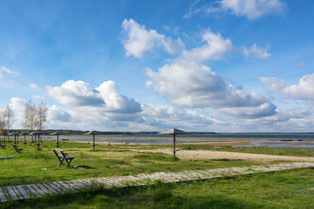 Svitiaz Lake, Shatsk National Natural Park, Volyn region, Ukraine. The Shatskyi Lakes group. Beach by the lake.の写真素材