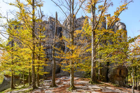 Dovbush rocks, group of rocks, natural and man-made caves carved into stone in the forest, named after the leader of the opryshky movement Oleksa Dovbush, Ukraine.の写真素材