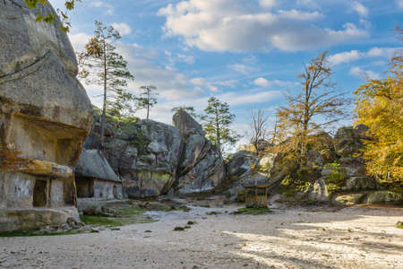 Dovbush rocks, group of rocks, natural and man-made caves carved into stone in the forest, named after the leader of the opryshky movement Oleksa Dovbush, Ukraine.の写真素材
