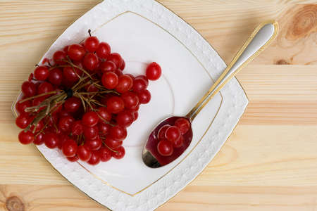 A bunch of sprigs of viburnum with red berries on a white saucer. guelder Rose berries with a high content of vitamins, healthy food.の写真素材