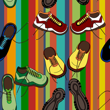 Seamless vector pattern with sport shoes in different colors on a bright striped background.のイラスト素材
