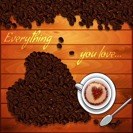 Vector illustration of a cup of coffee and roasted beans in a shape of heart. Design banner, poster, leafletsのイラスト素材