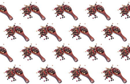 The seamless pattern of different kind of Peppercorns in wooden spoon