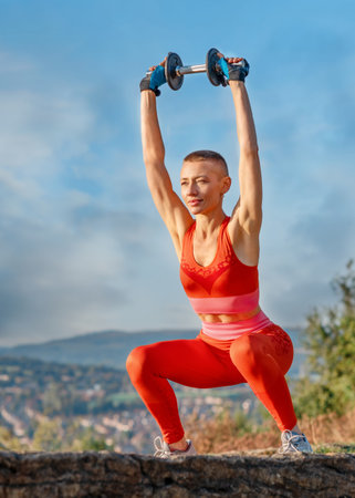 woman doing dumbbell exercises in the park against city