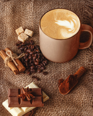 cup of coffee with cinnamon,  anise, coffee bean, chocolates   and sugar  on a wooden backgroundの写真素材