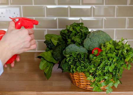 woman splashing vegetables and herbs in a basket in the kitchenの写真素材