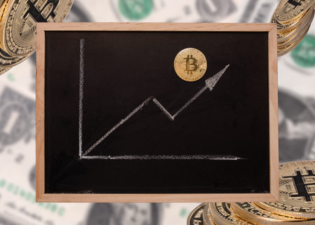 bitcoin growth chart drowning  in chalk on a blackboard on blurred background