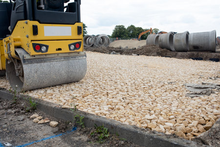Road roller compacting stone during new road construction in preparation for tarmac, on housing development siteの写真素材