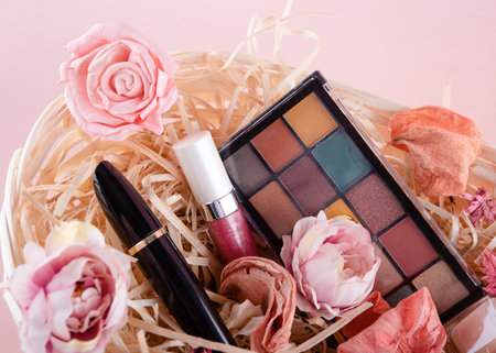 nail polish, eye shadow, mascara, lipstick, perfume, lip pencil, roses in straw and in a gift basket on a pink background.  A gift to a womanの写真素材