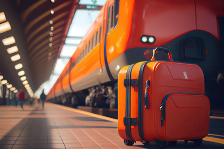Orange luggage at a railway station in front of a train made with Generative AI. Travel by train advertisement poster conceptの素材