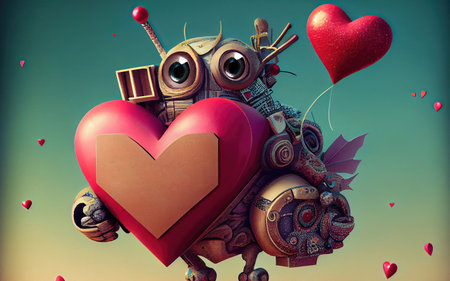Little cute adorable cartoon personage with big red heart as greeting card for expession of love concept made with Generative AI. Valentine day or Mother Day or Birthday card conceptの素材