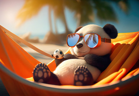 Portrait of an adorable lazy hamster laying in a panda on an ocean beach enjoying a holiday made with Generative AI. Holiday travel agency advertisement poster conceptの素材