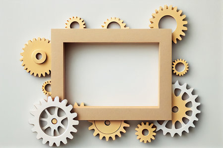 Assorted gear border frame on colorful background mock-up copy space made with generative AIの素材