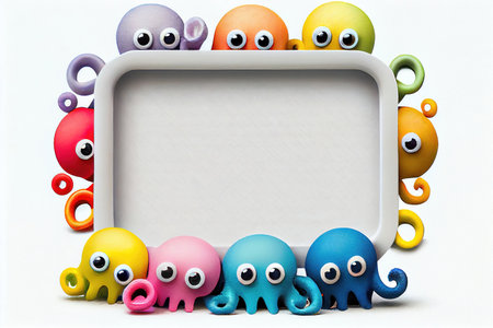 Cute cartoon octopus border frame on light white background mock-up copy space made with generative AIの素材