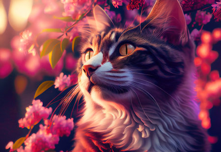 Cat under blossom tree portrait against dark background made with Generative AIの素材