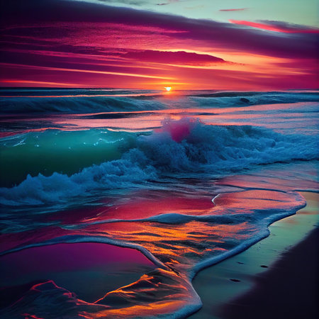 Amazing colorful ocean beach at sunset with endless horizon and incredible foamy waves made with generative AIの素材