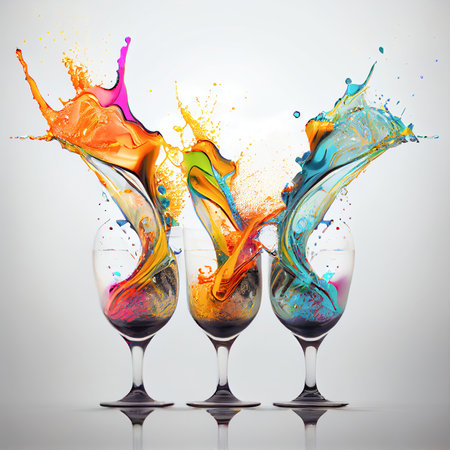 Splash of colorful fruit lemonade cocktail in the row of glasses on the light background made with generative AIの素材