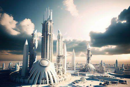 Futuristic city skyline cityscape made of skyscrapers, towers, and tall buildings.  Futuristic fantasy megapolis city concept made with generative AIの素材