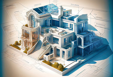 Concept of a modern cottage villa located on blueprints and rising as a 3d model illustration made with generative AIの素材
