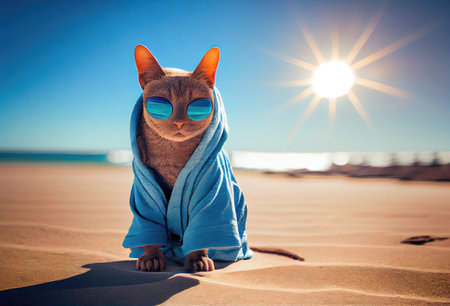 Portrait of an adorable lazy Charteux cat in sunglasses and bathrobe on an ocean beach enjoying a holiday made with Generative AI. Holiday travel agency advertisement poster conceptの素材