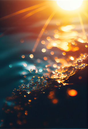 Close-up of a beautiful ocean surface, waves and splashes at sunset made with generative AIの素材