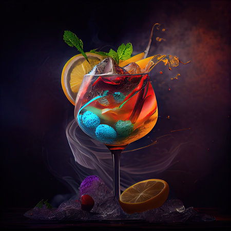 Fantastic food photography of colorful cocktail in the bar with splashes and explosion of taste advertisement background concept made with Generative AIの素材