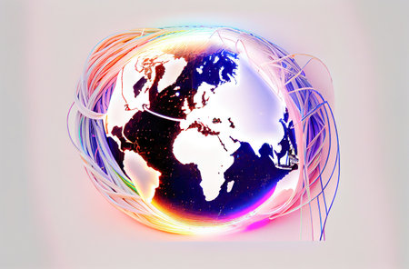 5G internet and big data flying around the planet connecting business illustration made with generative AIの素材