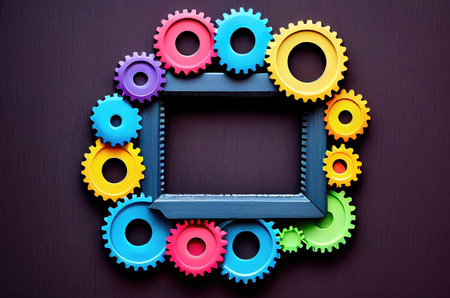 Assorted gear border frame on colorful background mock-up copy space made with generative AIの素材